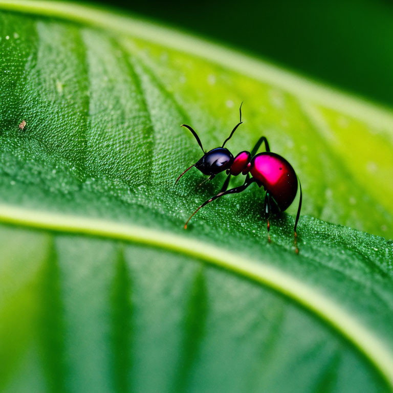 Vibrant green leaf with red and black ant on glossy surface
