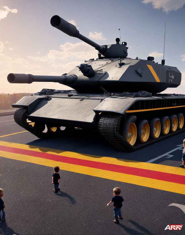 Futuristic tank artwork with children and pedestrian lane