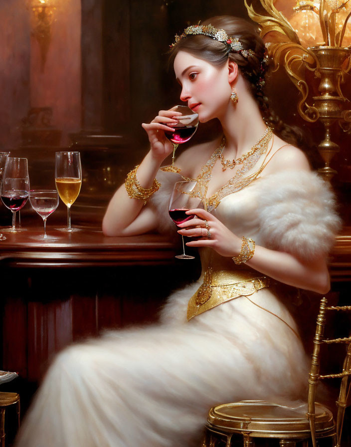 Elegant woman in classical dress sipping wine in luxurious room