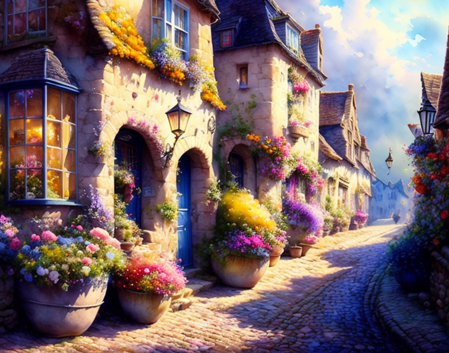 Charming cobblestone street with old-world cottages and vibrant flowers