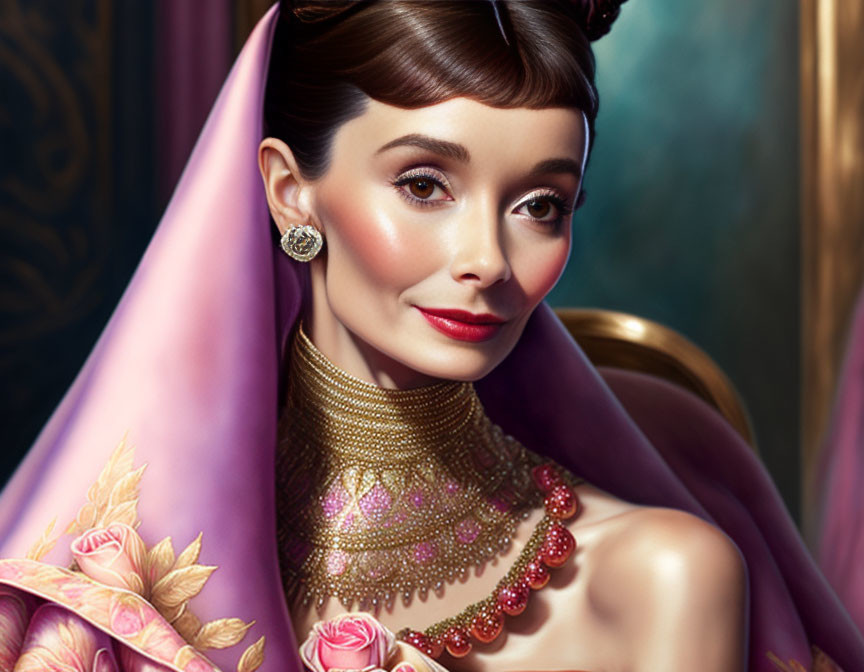 Regal woman in pink cloak and gold jewelry with rose motifs
