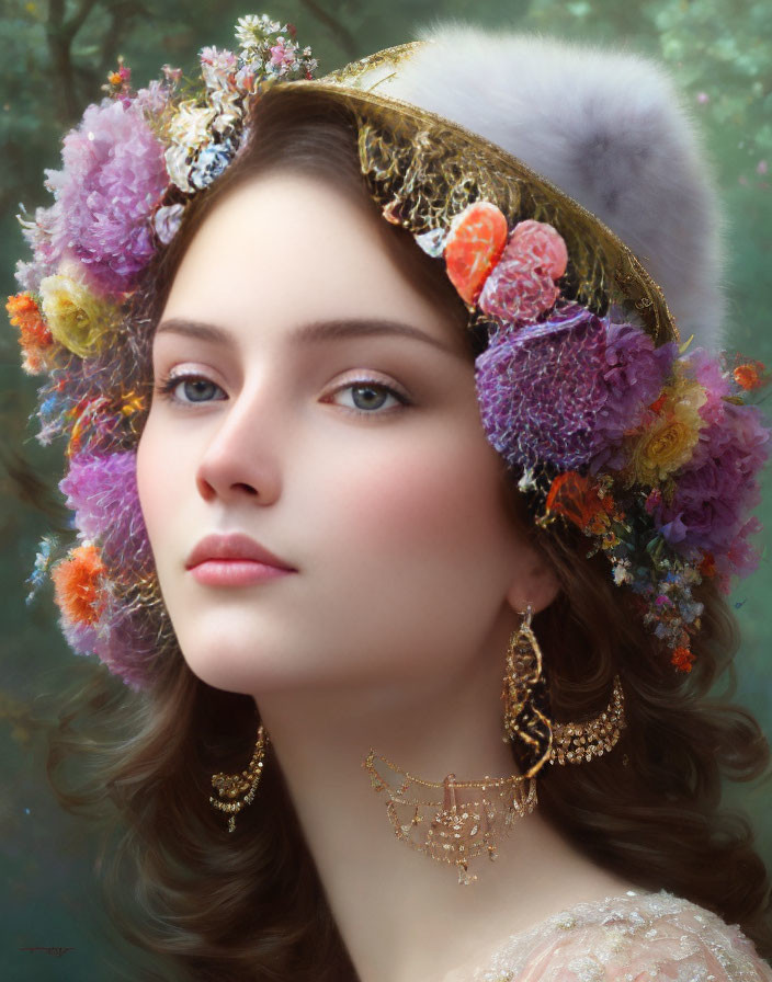 Woman portrait with floral and fur headpiece, gold jewelry, soft makeup, on green background
