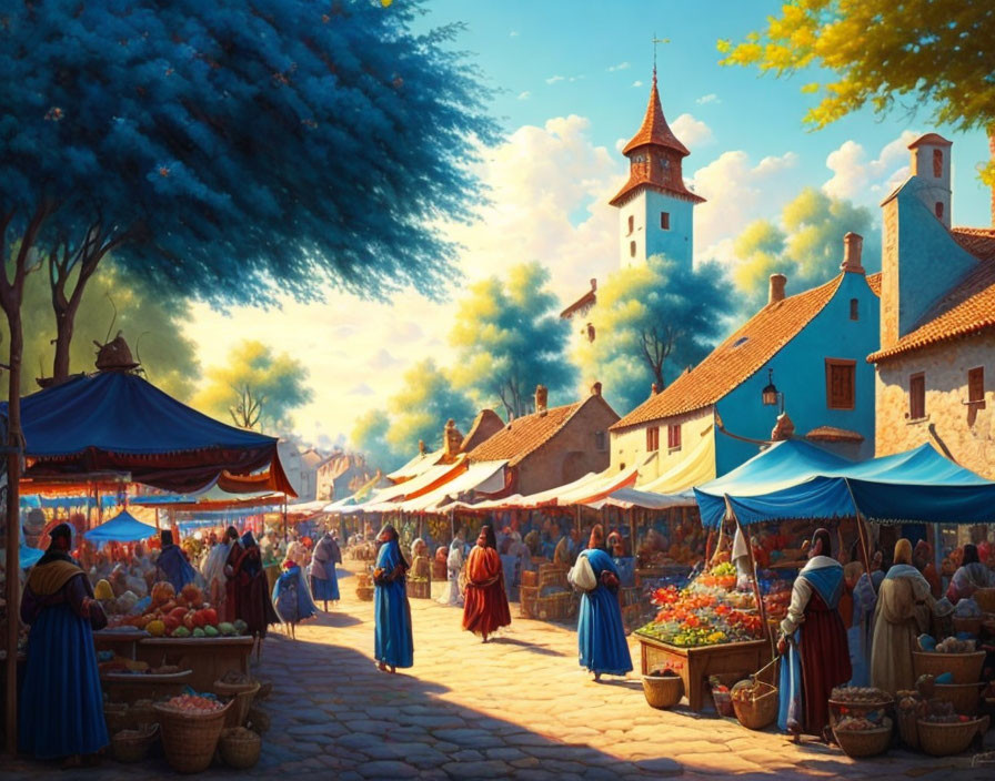 Historic village market: colorful stalls, traditional attire, cobbled streets