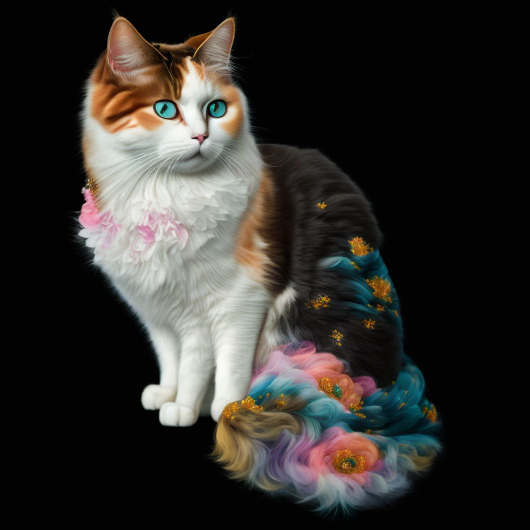 Colorful Cat Illustration with Embellished Tail and Striking Blue Eyes