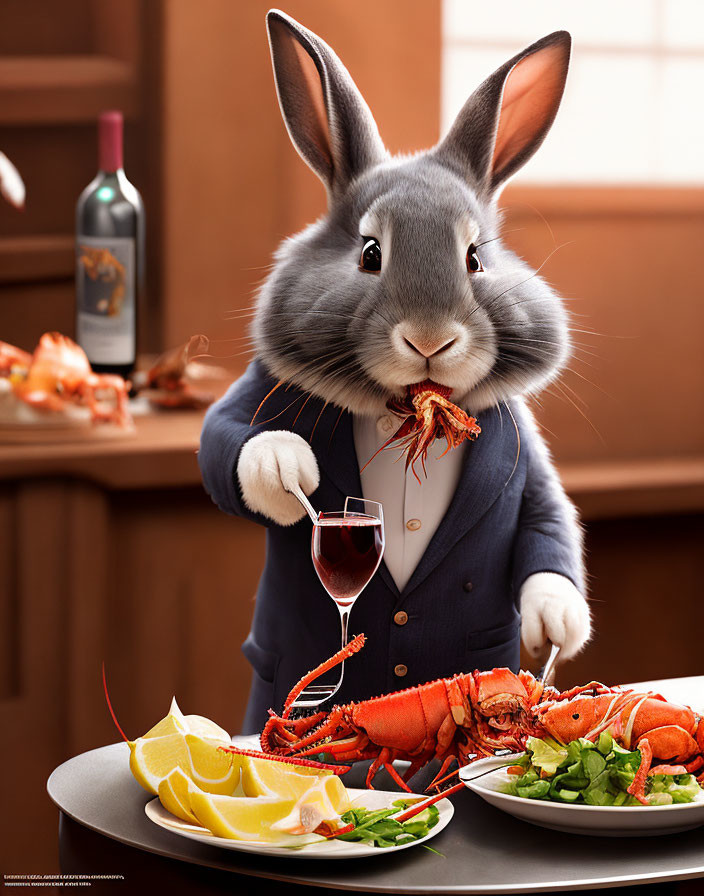 Anthropomorphic rabbit in suit dining on lobster and seafood with red wine