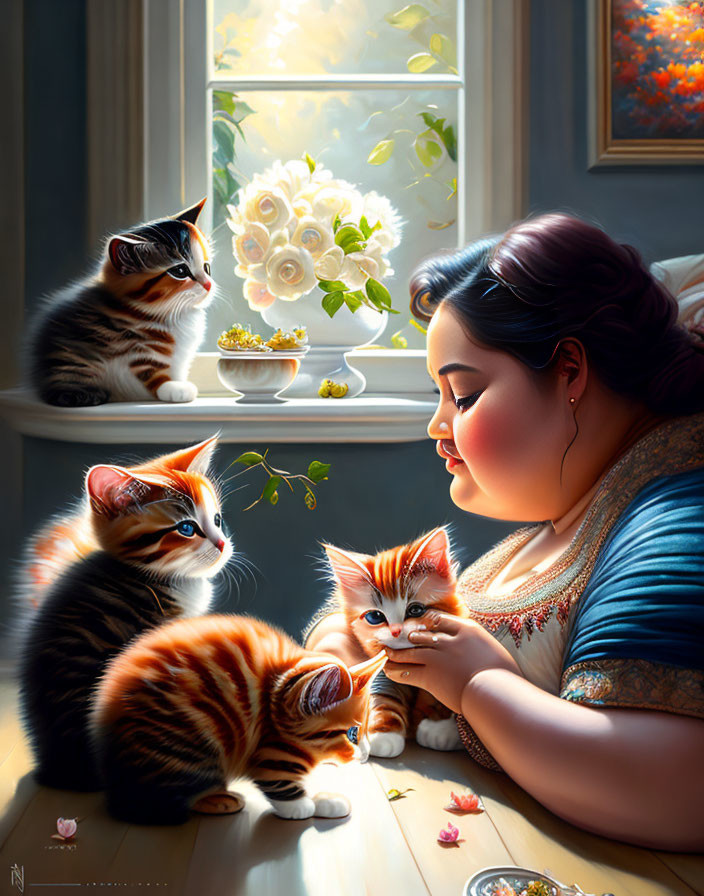 Woman with four kittens by window in sunlight with blooming flowers