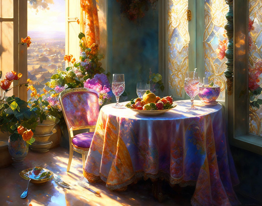 Sunlit table setting with colorful flowers, fruit, and glassware