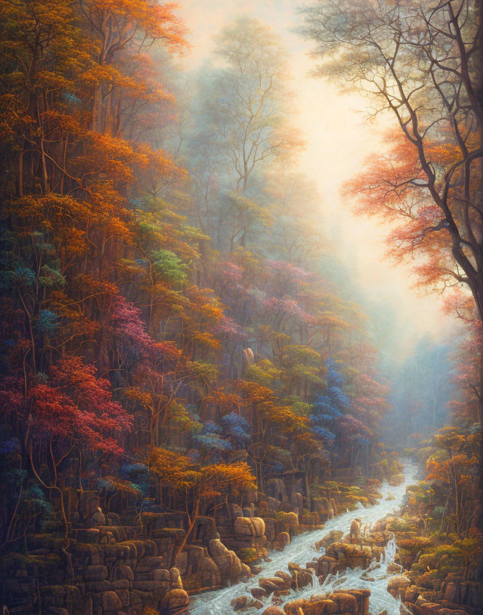 Tranquil forest scene with flowing stream and colorful autumn foliage