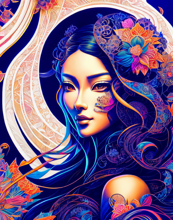 Vibrant digital artwork of a woman with intricate floral patterns in blue and orange hues