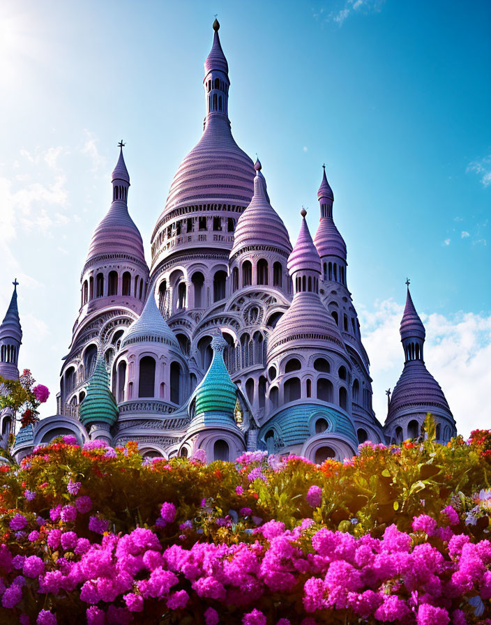 Fantasy castle with ornate domes and spires in vibrant setting