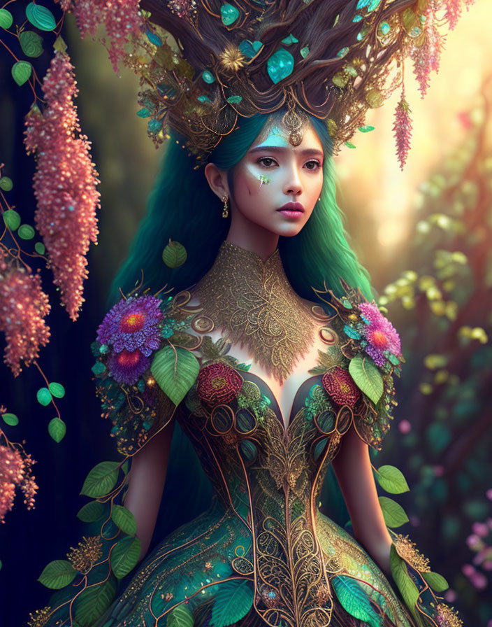 Green-haired woman in nature-themed gown with floral headdress in mystical forest
