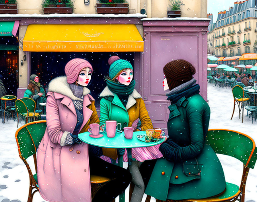 Three women in colorful winter wear chatting at outdoor café table in snowfall