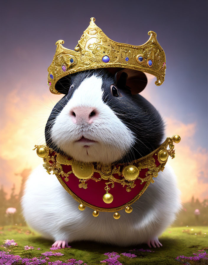 Regal guinea pig with golden crown and jeweled collar in floral landscape