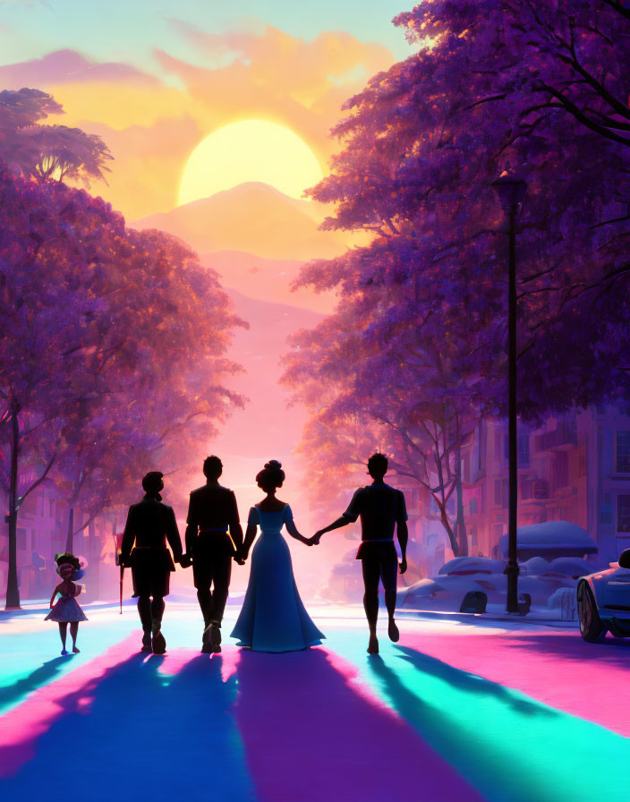 Family Holding Hands at Sunset with Pink and Purple Sky