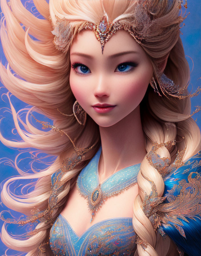 Fantasy character with golden hair, blue eyes, tiara, blue dress