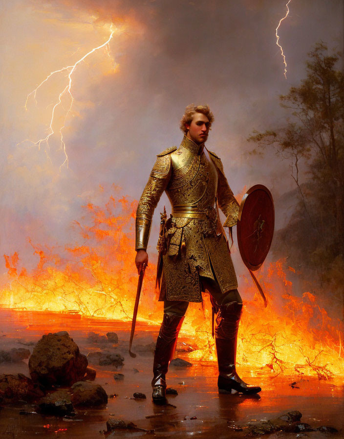 Elaborate Knight in Armor in Fiery Landscape with Stormy Sky