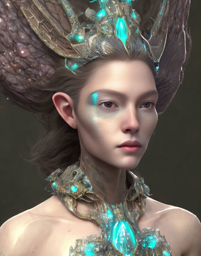 Elf-like person adorned with glowing blue crystal headpiece and neckpiece