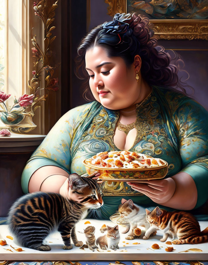 Traditional attire woman feeding four kittens in painting