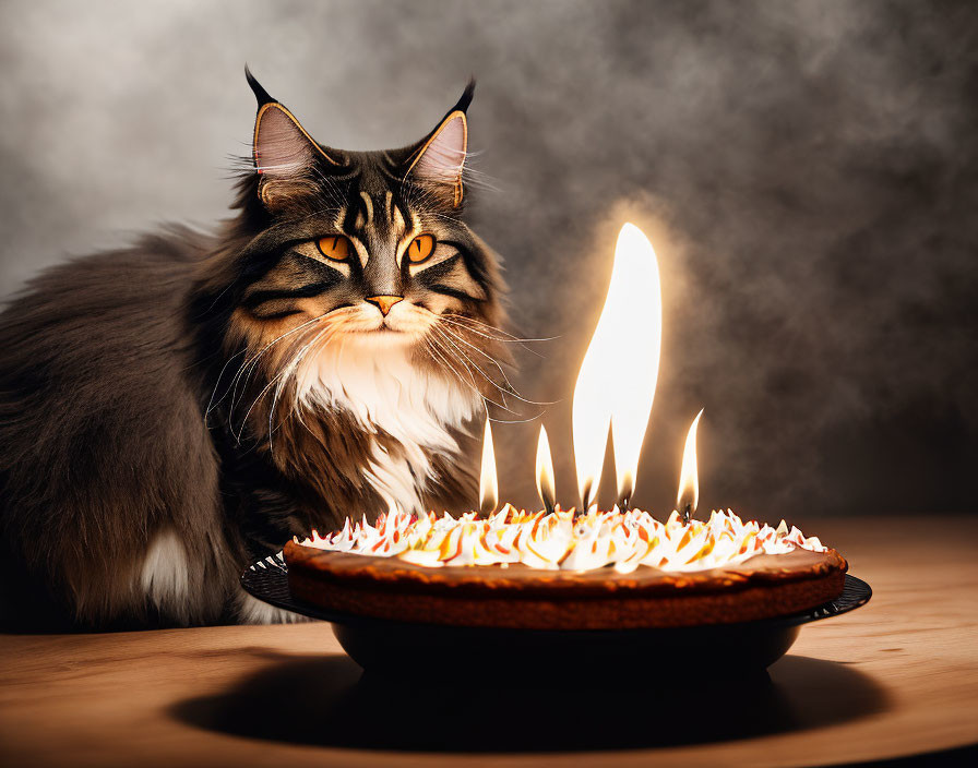 Long-haired cat near lit birthday cake with multiple candles