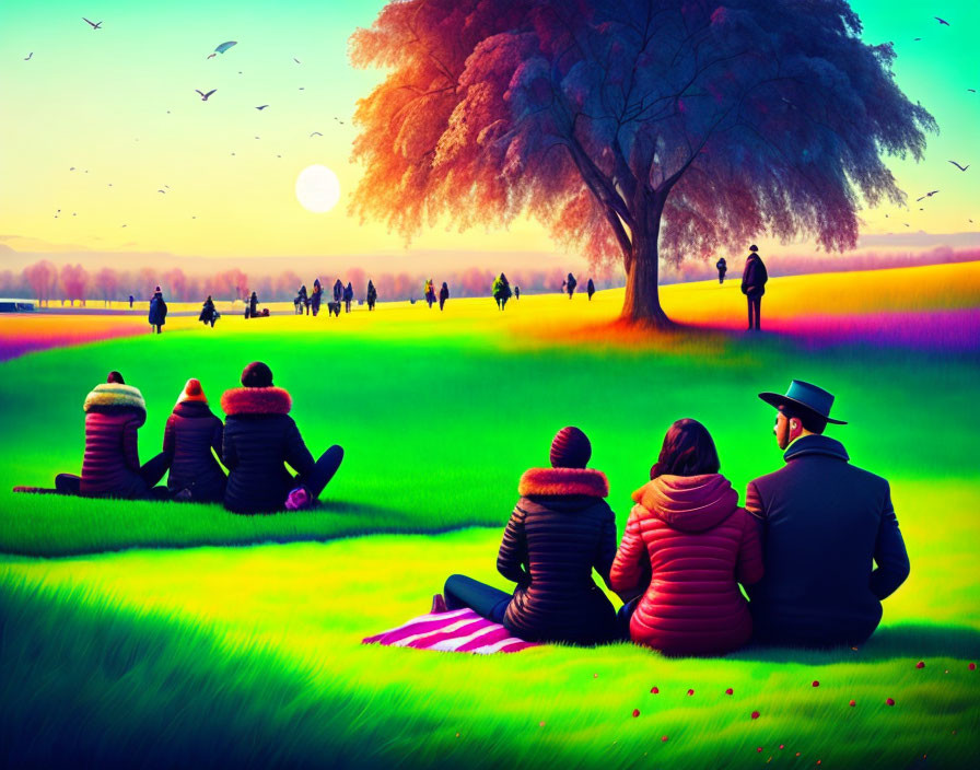 Vibrant park scene with people, sunset, birds, and tree