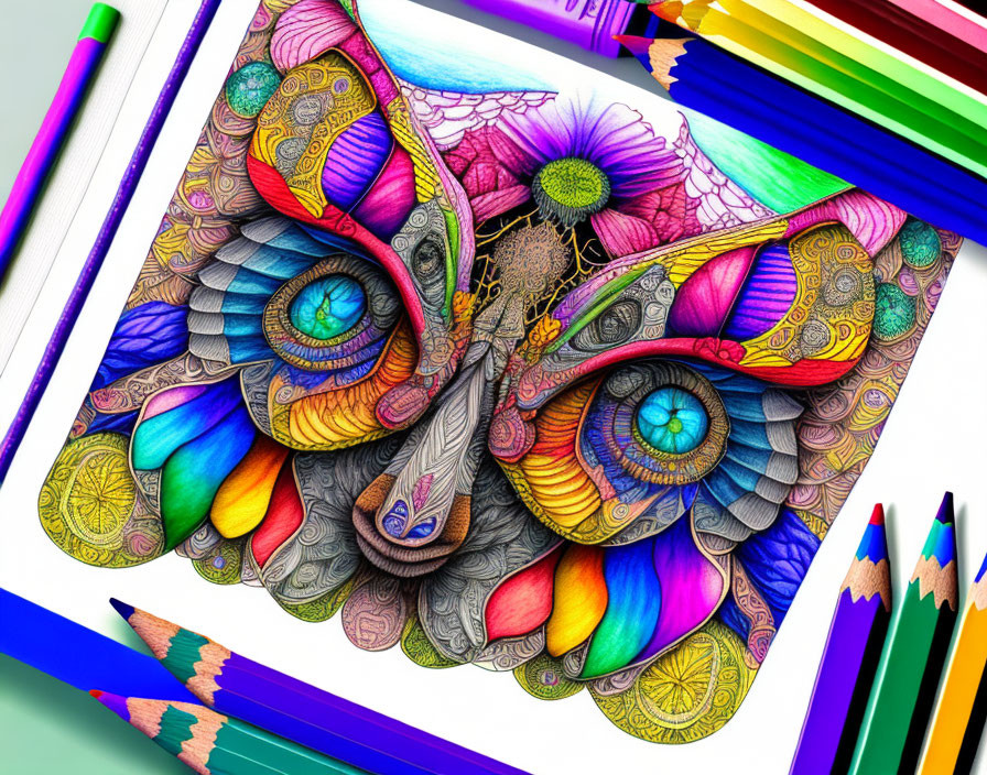 Detailed Butterfly Coloring Page with Abstract Floral Patterns and Colorful Pencils