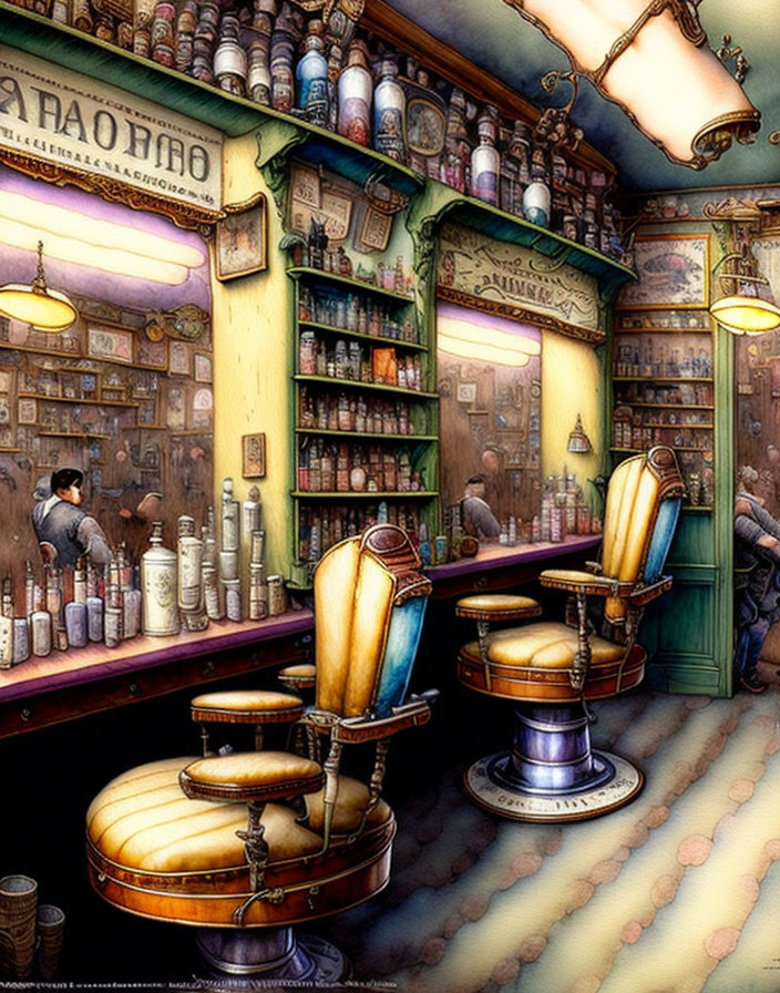 Vintage Barber Shop with Mirrored Counters & Warm Lighting