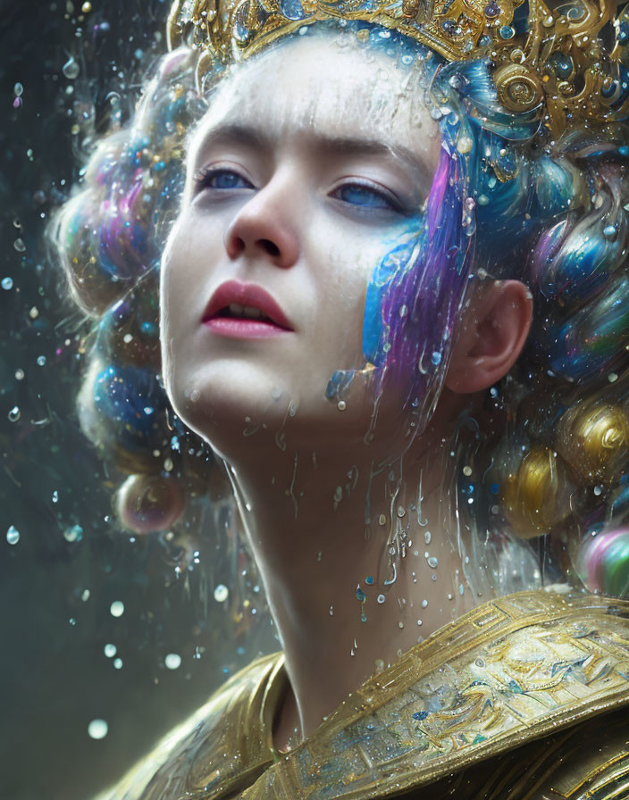 Person with ornate gold headpiece and vibrant makeup surrounded by bubbles, mystical aquatic theme