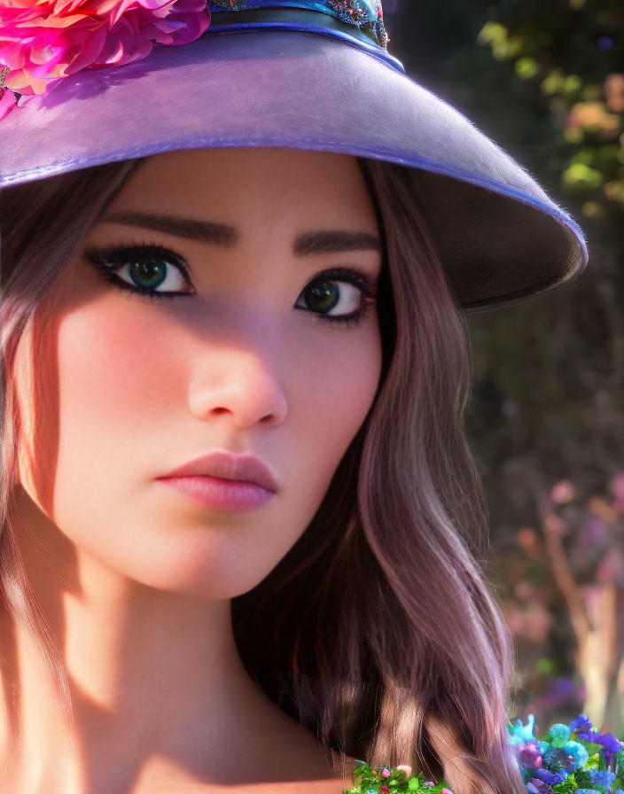3D-rendered female character with green eyes and purple flower hat in floral background