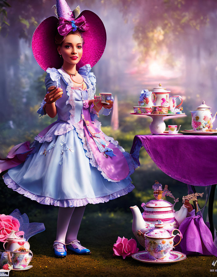 Elaborate Alice in Wonderland Costume Tea Party in Whimsical Forest