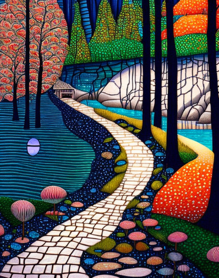 Colorful painting of whimsical landscape with cobblestone path, trees, river, and patterns