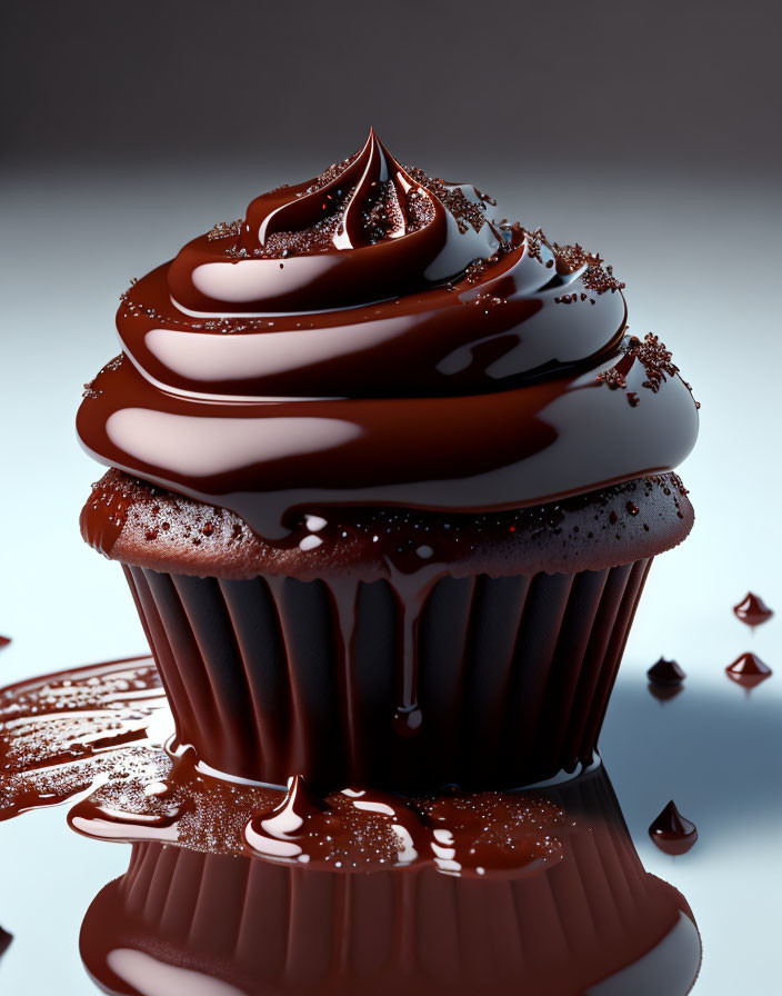 Chocolate Cupcake with Glossy Frosting and Sprinkles on Dripping Surface