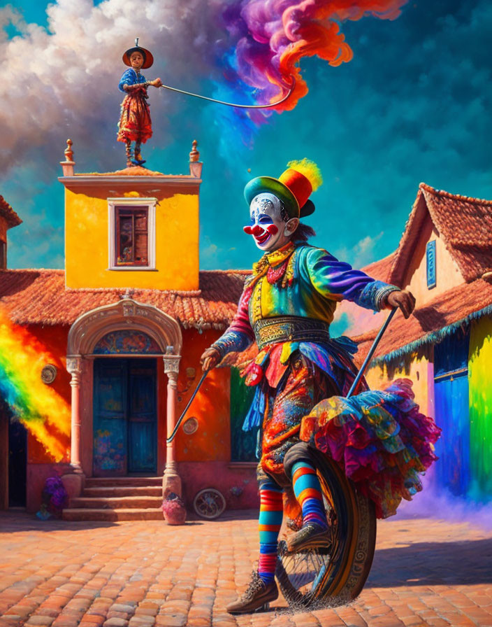 Colorful Clown on Unicycle with Smoky Trails in Vibrant Setting