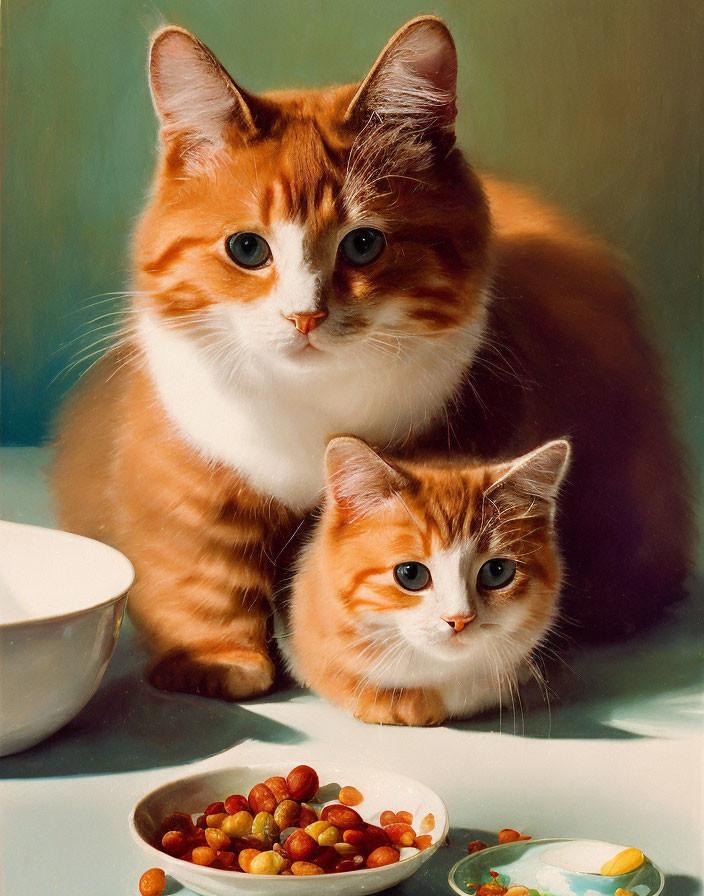 Two Cats Sitting by Food Bowl, One Larger Behind Smaller, Looking at Viewer