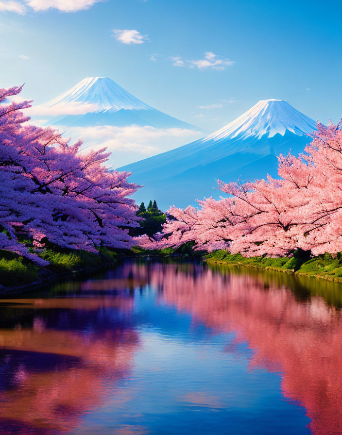 Scenic Mount Fuji with cherry blossoms in full bloom