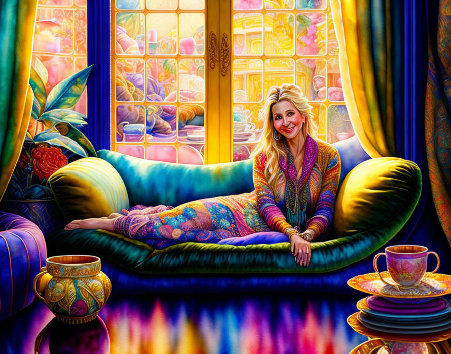 Smiling woman on cushioned seat by vibrant stained-glass window