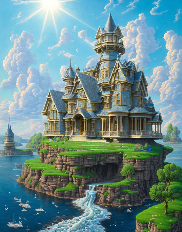 Detailed illustration: Victorian-style mansion on cliff above waterfall, lake with sailboats, sunny sky