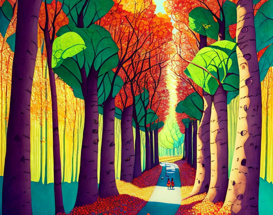 Colorful forest scene with path and characters