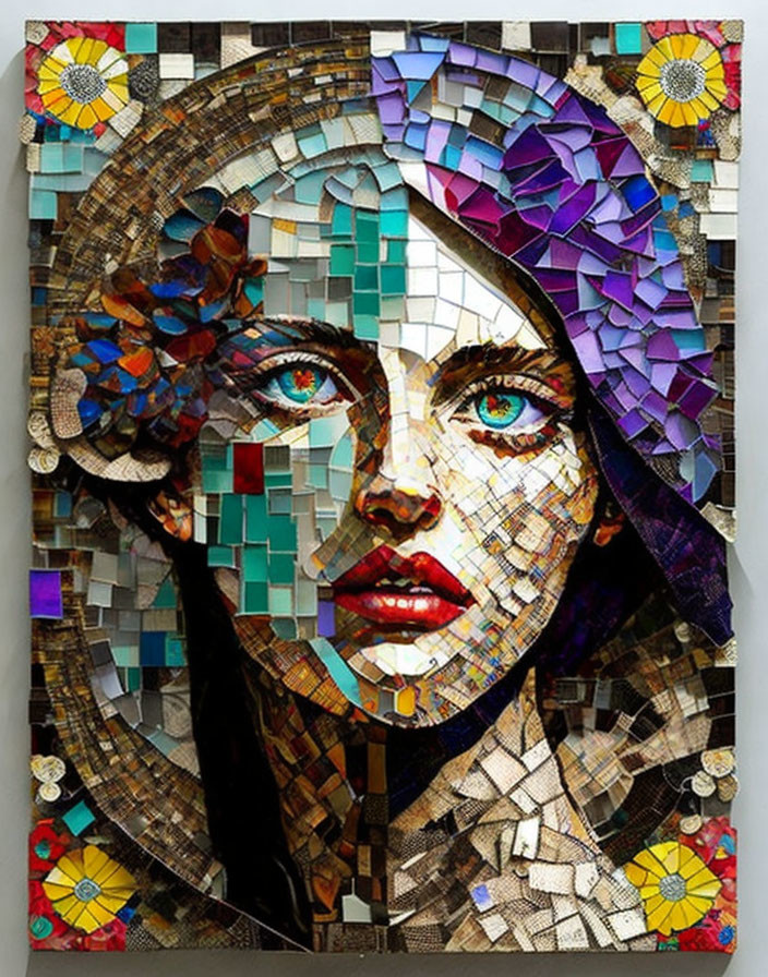 Colorful Mosaic Portrait: Woman with Vibrant Blue Eyes