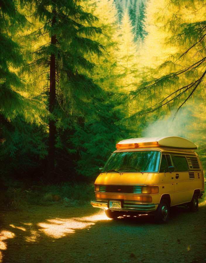 Camper van in forest clearing with golden sunlight and mist.