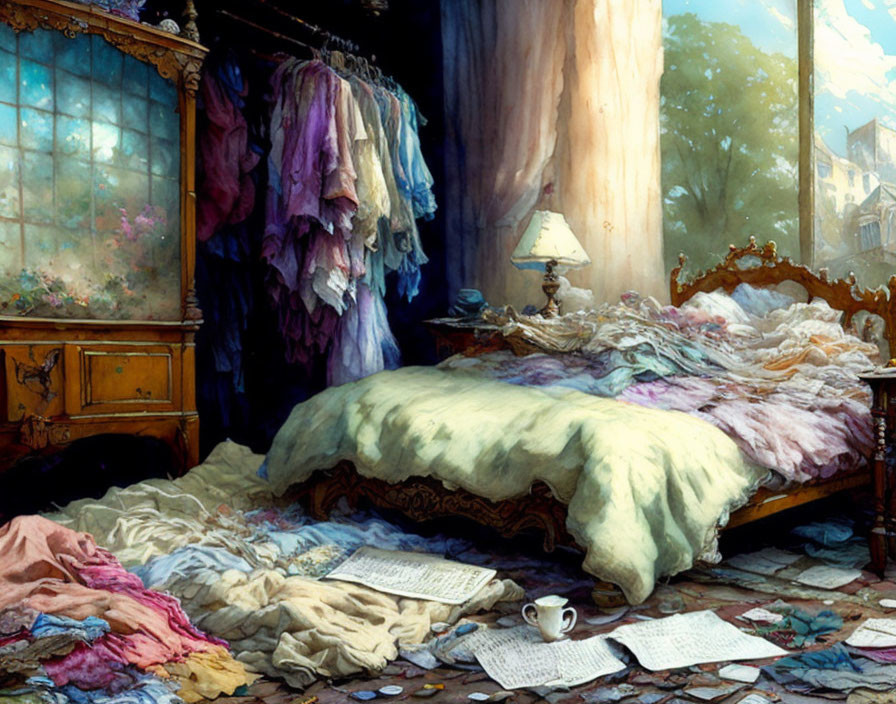 Cluttered bedroom with unmade bed, scattered papers, teacup, and colorful wardrobe