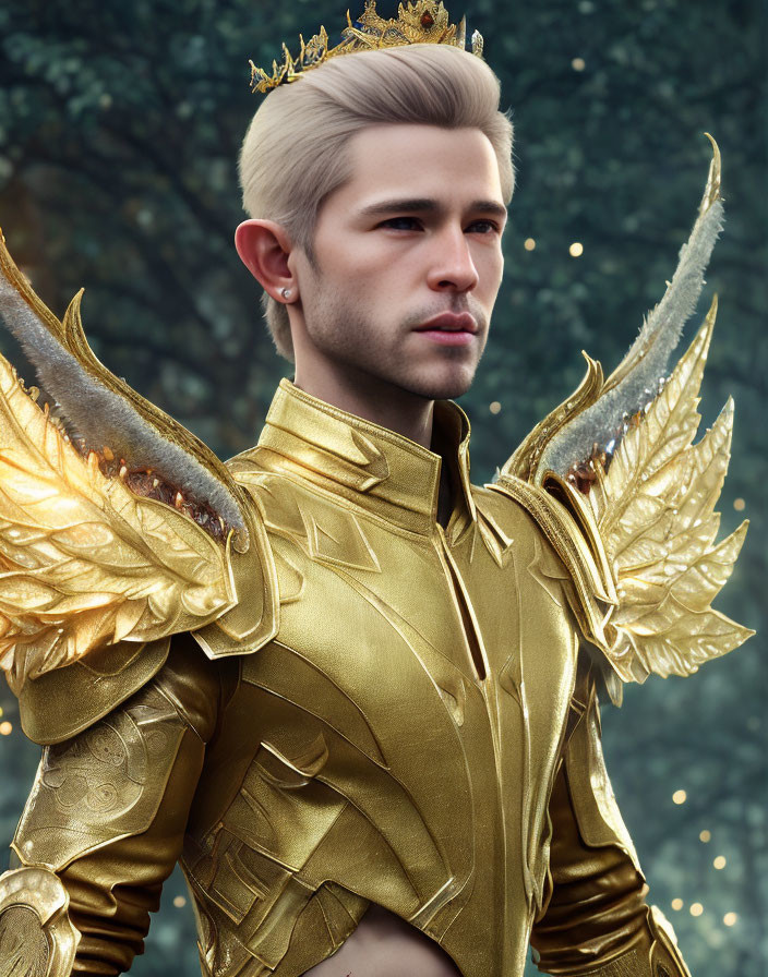 Platinum Blonde Man in Golden Crown and Ornate Armor against Woodland Backdrop