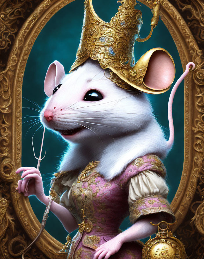 Regal mouse in gold crown and ornate dress with scepter and pocket watch.