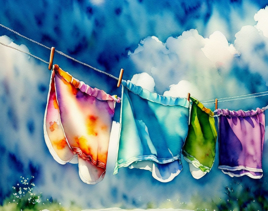 Vibrant Watercolor Painting: Colorful Clothes on Line, Blue Sky
