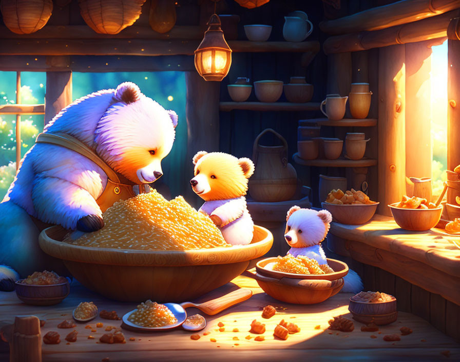 Cartoon family of bears in cozy kitchen with honey bowls