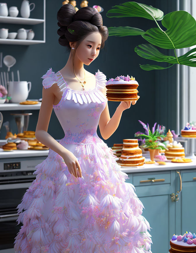 Elegant woman in dress with cake in dessert-filled kitchen