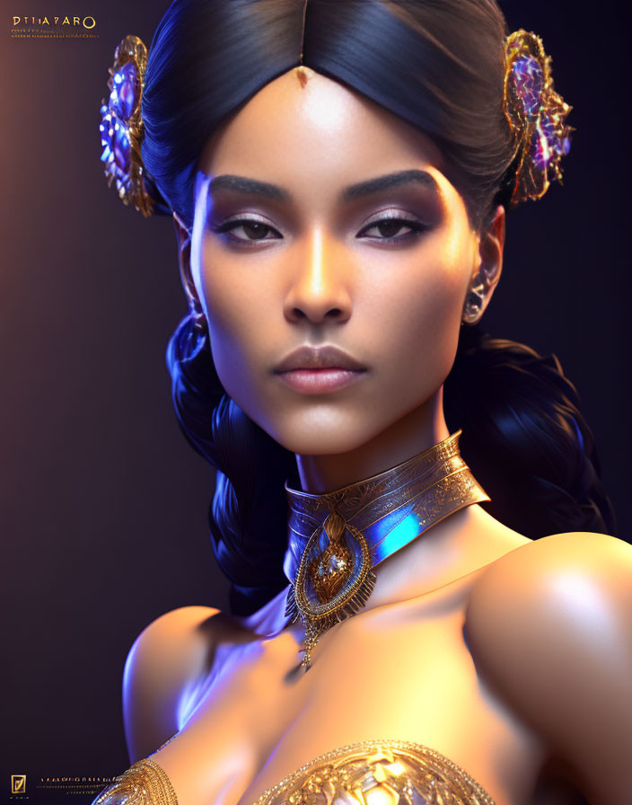 Digital portrait of woman with striking makeup and ornate gold jewelry on dark background