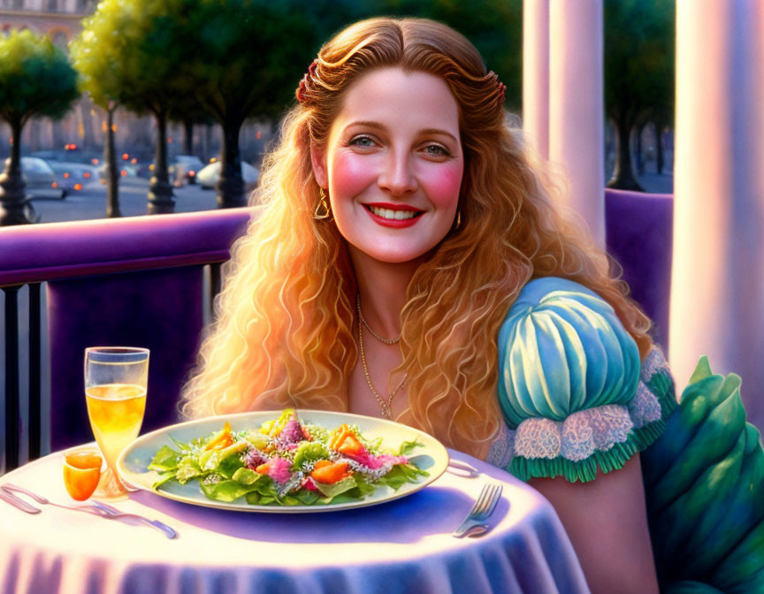 Blonde woman smiling with salad and wine in outdoor city setting