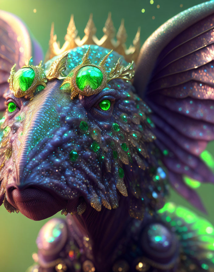 Detailed fantastical creature with crown and jewels, dragon and mammal mix