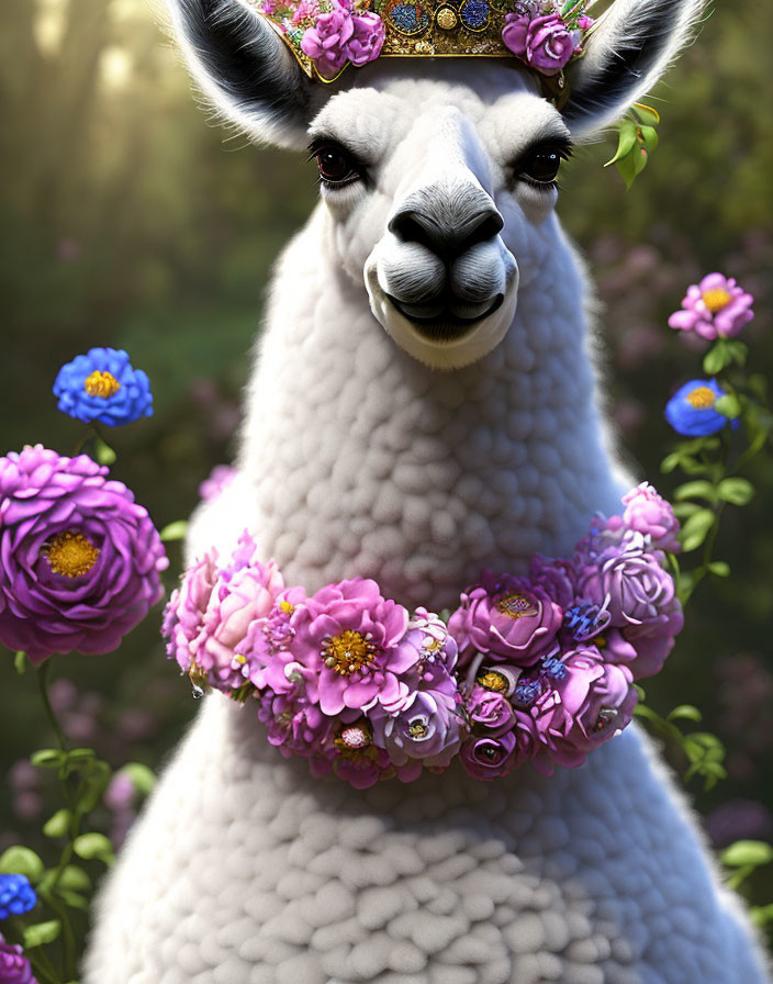 Regal llama with golden crown and floral garlands in lush setting