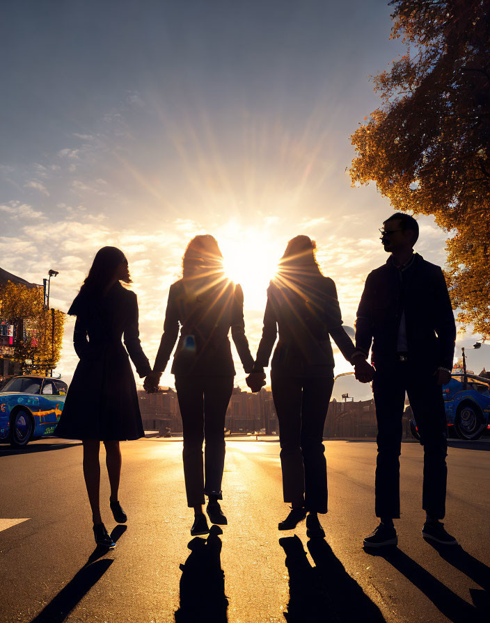 Four silhouetted individuals walking at sunset with long shadows and trees.